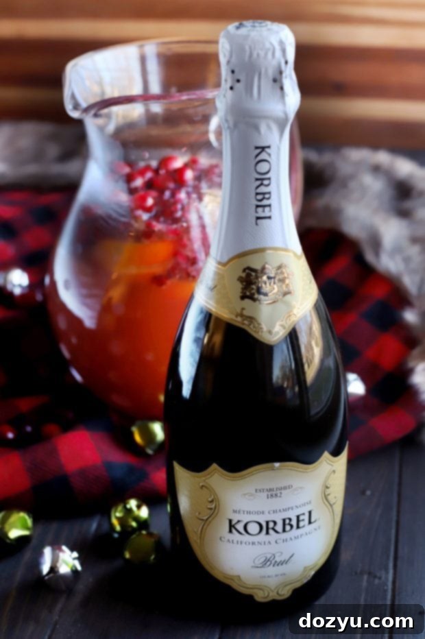 Overhead shot of a punch bowl filled with Sparkling Holiday Brunch Punch, surrounded by small dishes of garnishes.