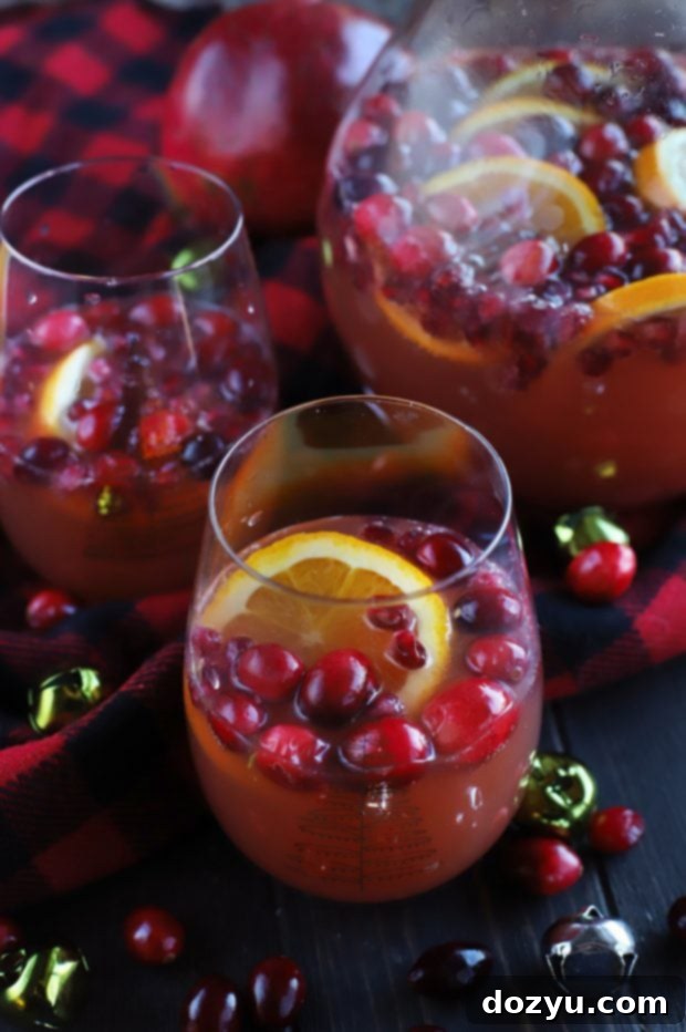 A close-up of a glass of Sparkling Holiday Brunch Punch, showing the beautiful red hue and festive garnishes.