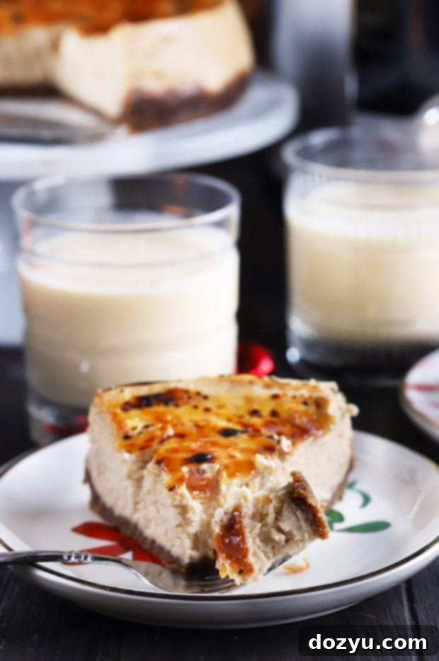Instant Pot Eggnog Cheesecake Brûlée 7 Close-up of Brûléed Instant Pot Eggnog Cheesecake showing the caramelized sugar crust