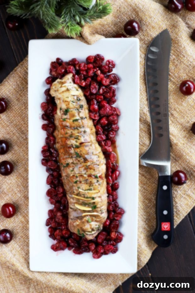 Roasted pork tenderloin served with fresh cranberries and herbs