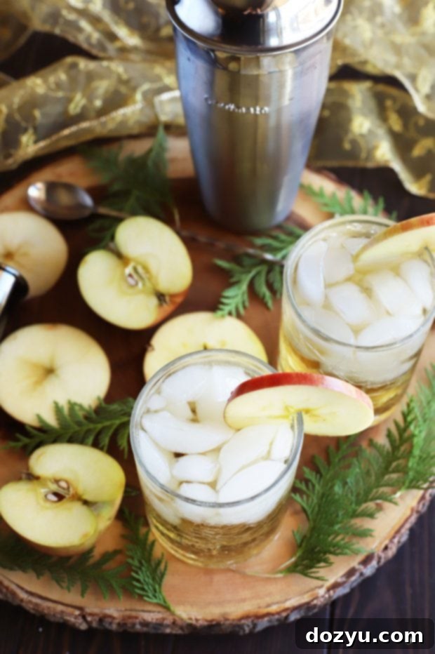 An overhead shot of two Smoky Mezcal Cider Cocktails, garnished with fresh apple slices, on a rustic wooden surface.