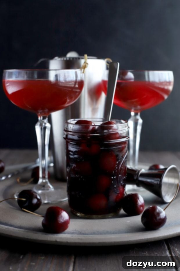 Close-up of Homemade Brandy Cherries in a glass