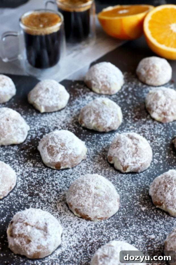 Orange Mocha Snowball Cookies 7 Several Mocha Orange Mexican Wedding Cookies artistically arranged on a light-colored surface.