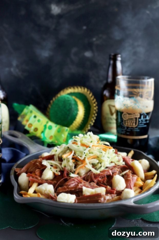 Hearty Corned Beef Poutine 4 An atmospheric shot of a crowded Irish pub, celebrating St. Patrick's Day.