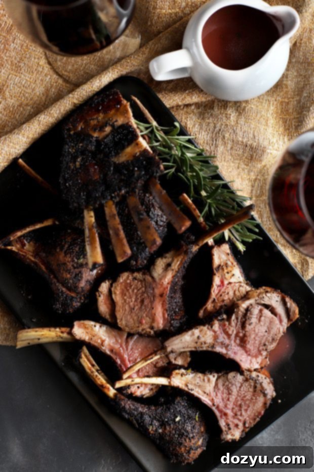 Chipotle Coffee Crusted Rack of Lamb on a cutting board
