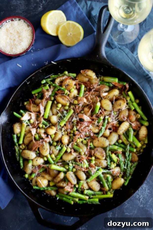 Brown Butter Gnocchi with Fresh Asparagus and Sweet Peas 3 Brown butter gnocchi in a cast iron skillet