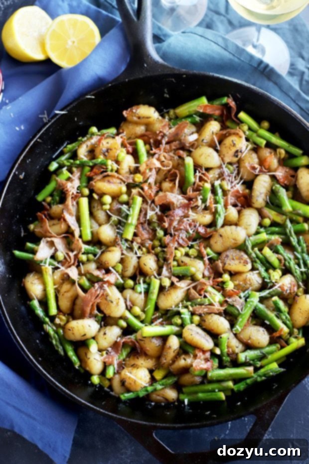 Brown Butter Gnocchi with Fresh Asparagus and Sweet Peas 7 spring brown butter gnocchi in a skillet with asparagus and peas
