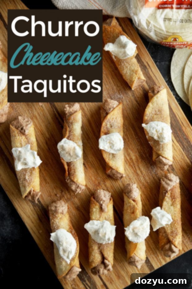 Churro Cheesecake Taquitos Pinterest graphic - multiple taquitos on a white board with whipped cream.