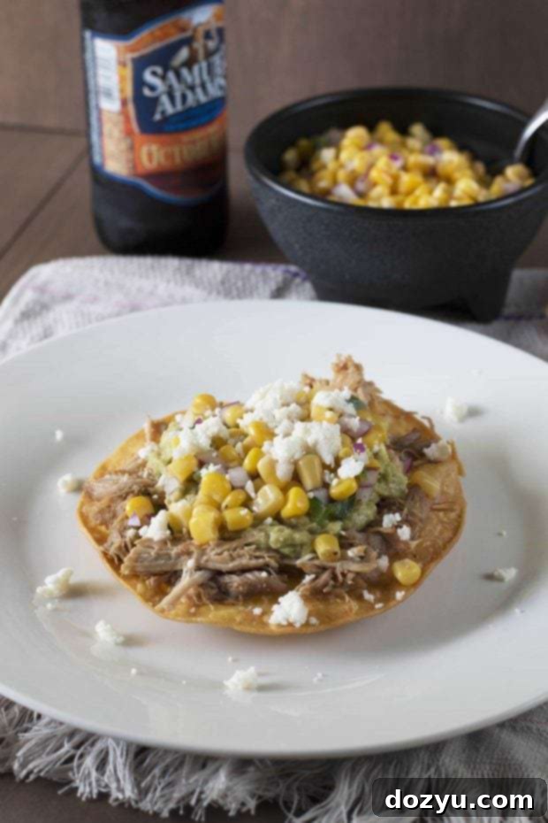 Crispy Tostadas with Beer-Braised Carnitas and Zesty Corn Salsa 2 Beer Pork Carnitas Tostadas with Corn Salsa