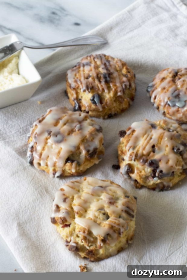 Decadent White Chocolate Cranberry Scones 2 White Chocolate Cranberry Scones with a sweet glaze drizzled on top, ready to serve.