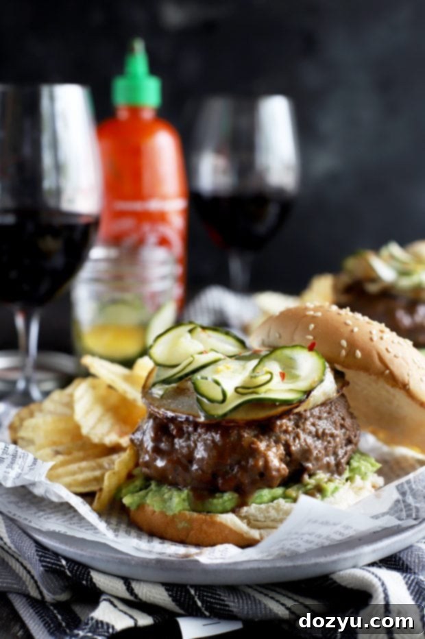 Spicy Miso Umami Burgers with Crisp Asian Pickles 7 A beautifully plated grilled burger, ready for a backyard party or family meal.