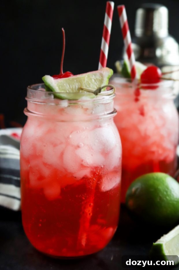 Scarlet Zest Elixir 9 Two mason jars filled with summer fruit cocktail and crushed ice