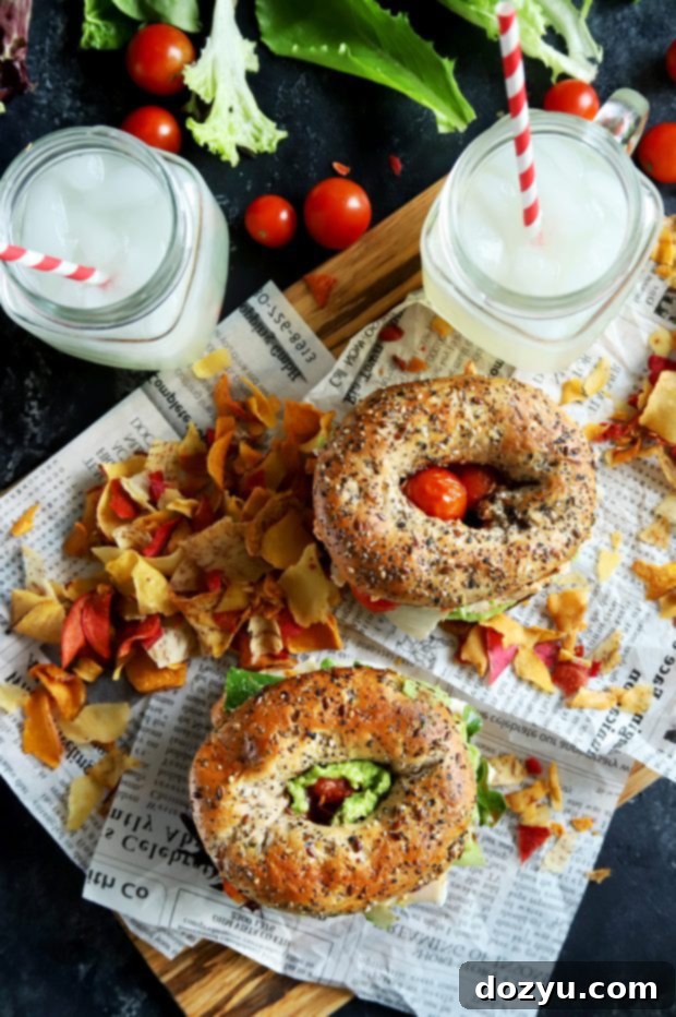Everything Avocado Turkey Bagel Sandwich 3 Bagel sandwiches and chips with lemonade