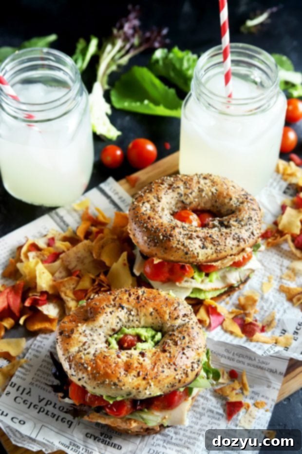 Everything Avocado Turkey Bagel Sandwich 6 Sandwiches for a picnic with lemonade and chips
