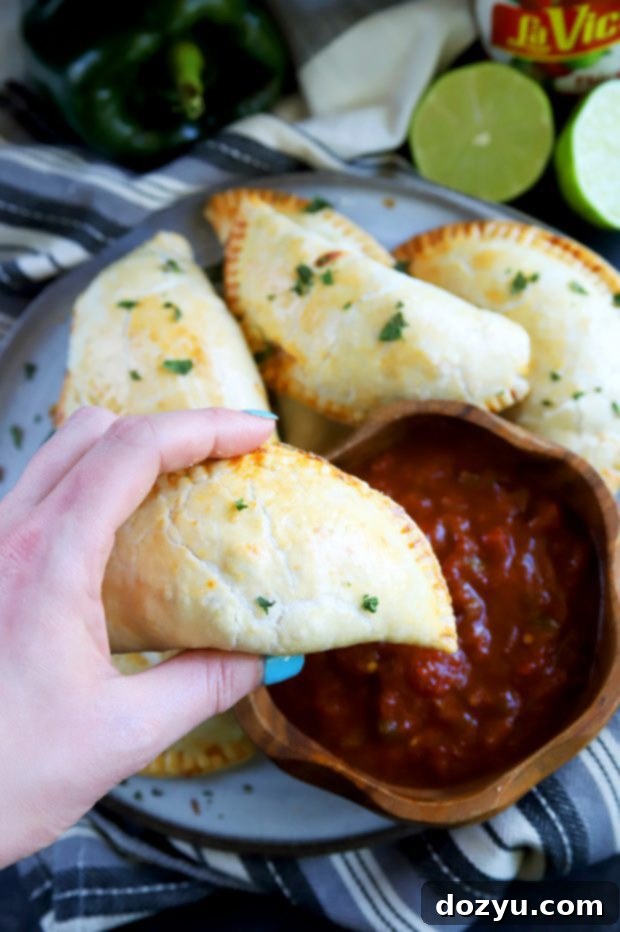 Poblano-Infused Chicken Enchilada Empanadas 4 A hand dipping a perfectly golden-brown chicken empanada into a bowl of vibrant LA VICTORIA® salsa, showcasing the delicious pairing.