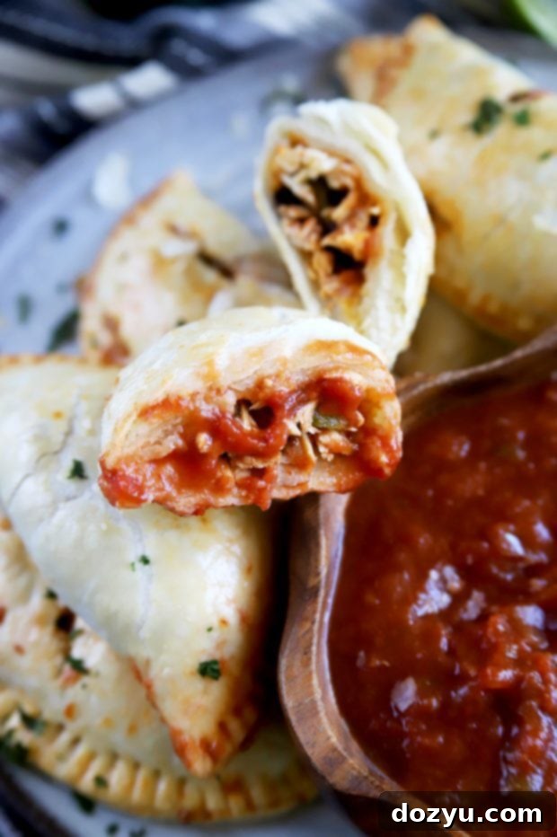 Poblano-Infused Chicken Enchilada Empanadas 6 Close-up of a golden-brown Poblano Enchilada Chicken Empanada, showcasing its delicious, flaky crust and savory filling, embodying ultimate Mexican comfort food.
