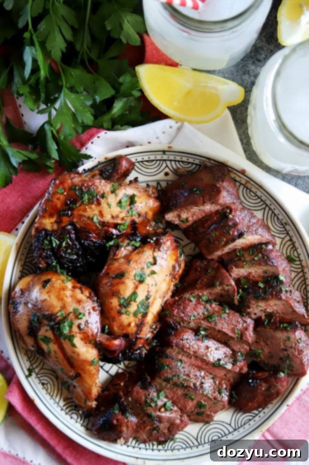 Grilled chicken and steak on a plate
