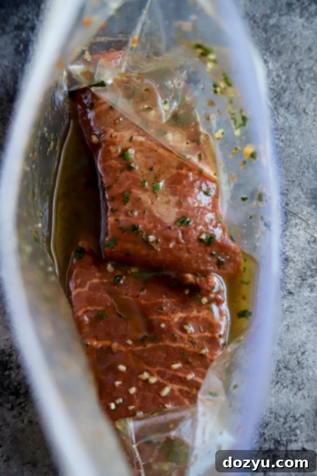 Flat iron steak in a marinade