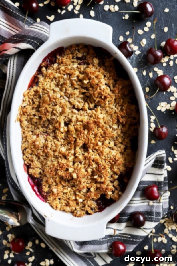 Sweet & Boozy Bourbon Cherry Peach Crumble 3 Overhead shot of cherry peach crumble