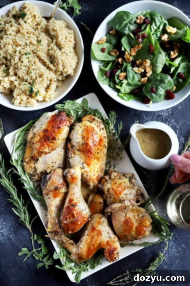 Aromatic White Wine and Herb Roasted Chicken 2 Chicken dinner spread