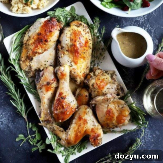 Aromatic White Wine and Herb Roasted Chicken 12 Thumbnail image of roasted chicken with white wine and herbs
