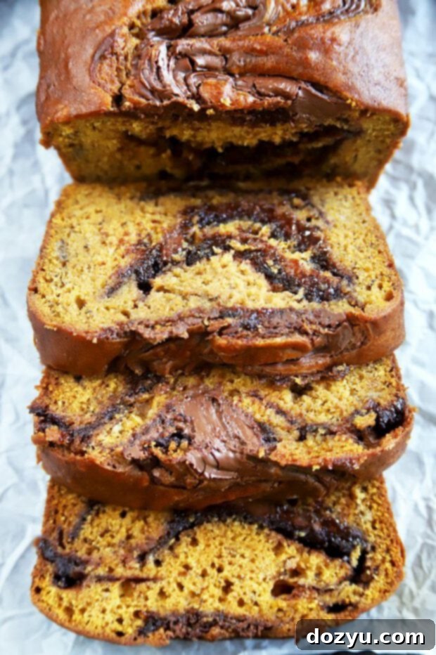 Decadent Pumpkin Banana Bread with Nutella Swirl 4 Sliced pumpkin bread with Nutella