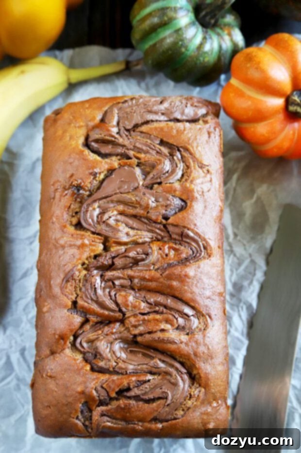 Decadent Pumpkin Banana Bread with Nutella Swirl 9 Baked bread for fall with pumpkin spice