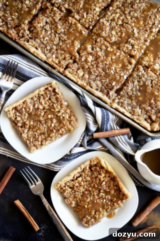 Various slices of baked apple pie, some with caramel, showcasing the inviting fall flavors.