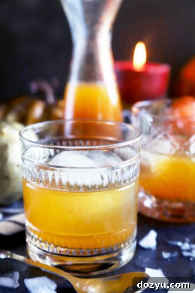 Autumn Ember Old Fashioned 4 Side view of a Pumpkin Spice Bourbon Old Fashioned with a large ice sphere, orange peel, and cinnamon stick