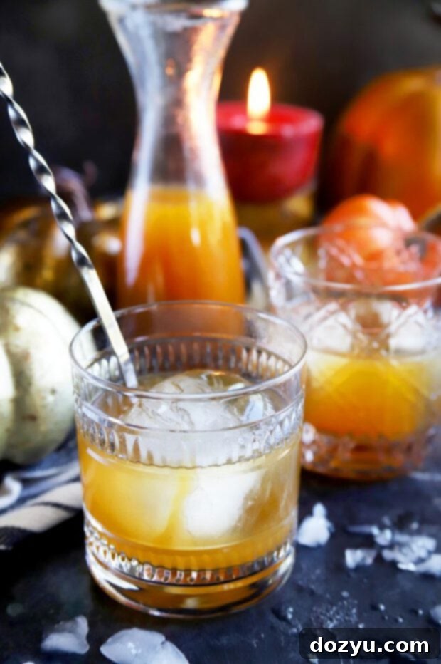 Autumn Ember Old Fashioned 6 Stirring a Pumpkin Spice Bourbon Old Fashioned in a glass with a bar spoon