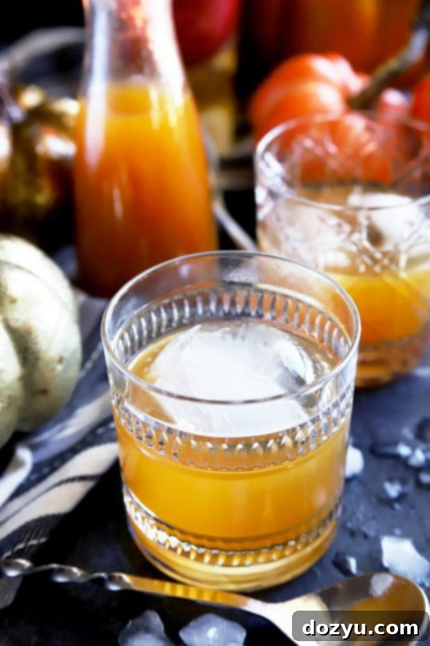 Autumn Ember Old Fashioned 8 Close-up of a Pumpkin Spice Bourbon Old Fashioned with an orange peel and cinnamon stick garnish, bokeh background