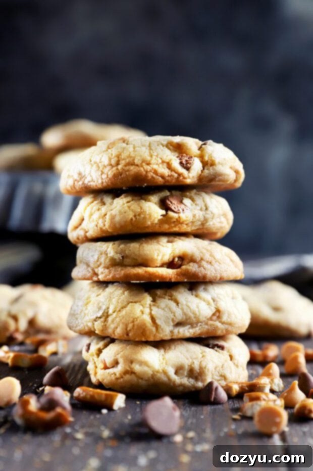 Crunchy Salty Sweet Caramel Butterscotch Cookies 3 Side photo of a stack of chocolate chip cookies