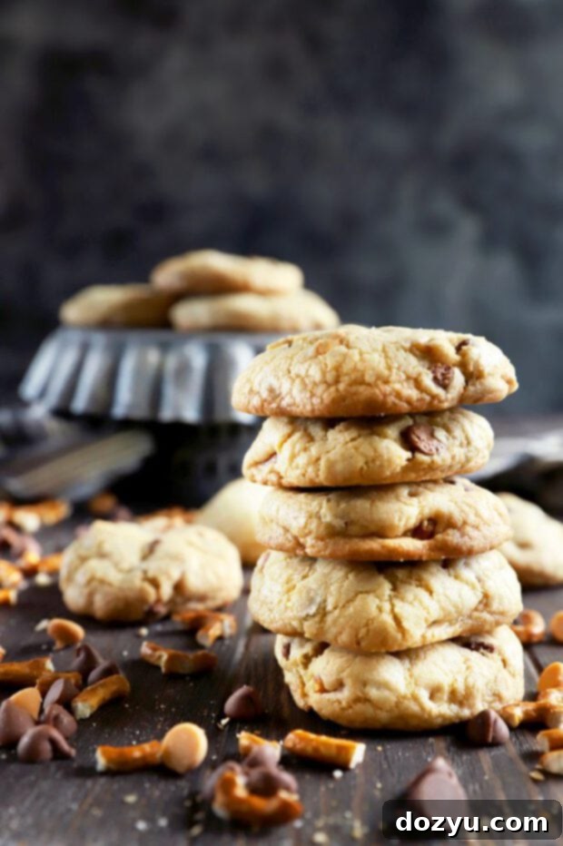Crunchy Salty Sweet Caramel Butterscotch Cookies 7 Stacked up chocolate chip cookies