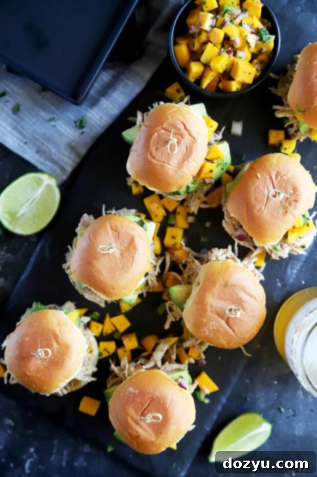 Tropical Jerk Chicken Sliders with Zesty Mango Salsa 3 Chicken sliders with avocado and mango salsa