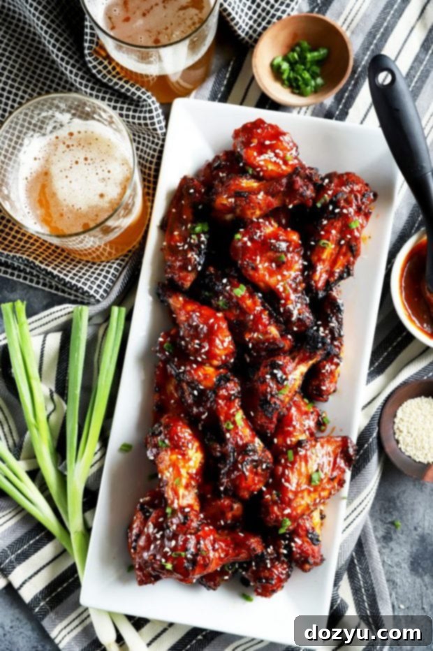 Sticky Crispy Korean BBQ Wings 3 Overhead view of a generous platter of Korean BBQ chicken wings
