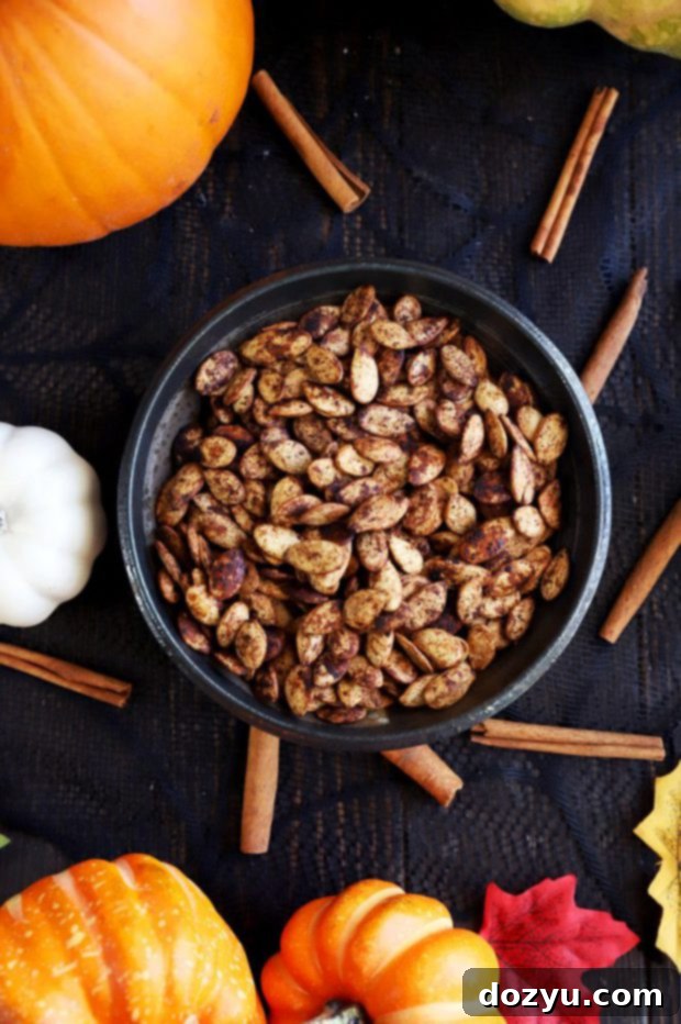 Overhead photo of a rustic ceramic bowl filled with perfectly roasted pumpkin seeds, garnished with a sprinkle of fresh spices and a few whole spices for visual appeal.