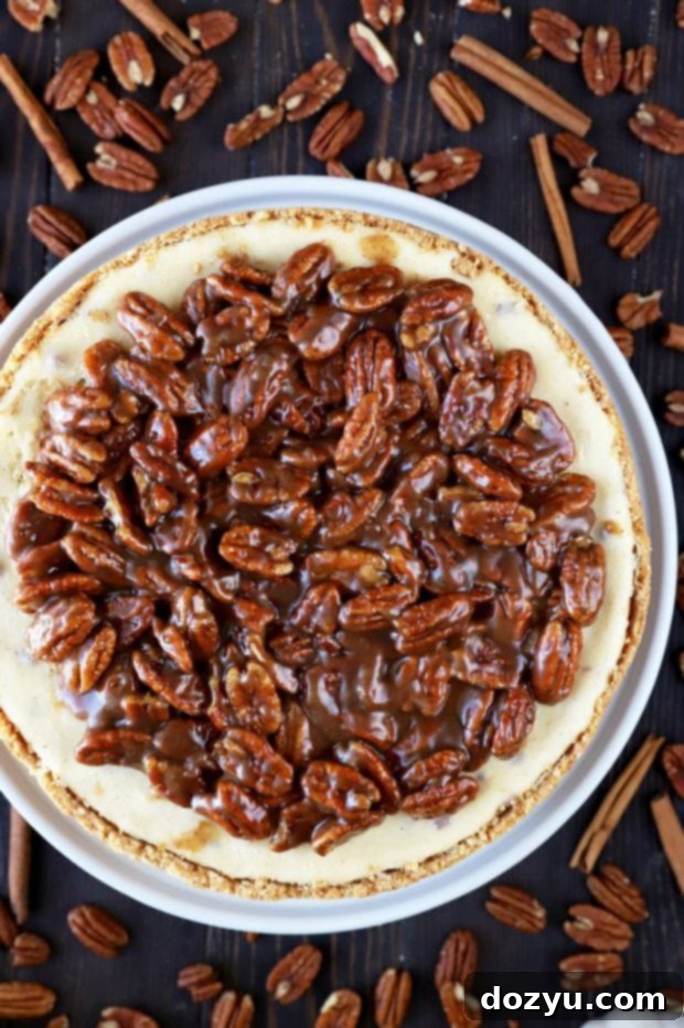 Decadent Pecan Pie Cheesecake 7 Overhead photo of the entire pecan pie cheesecake before serving