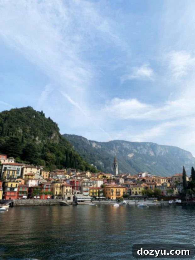 Picturesque view of Varenna village on Lake Como, with colorful houses and clear water