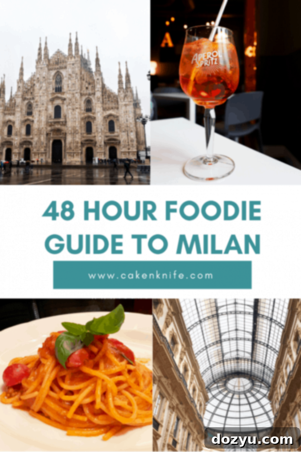 Pinterest image promoting a '48 Hour Foodie Guide To Milan' with key travel and food highlights