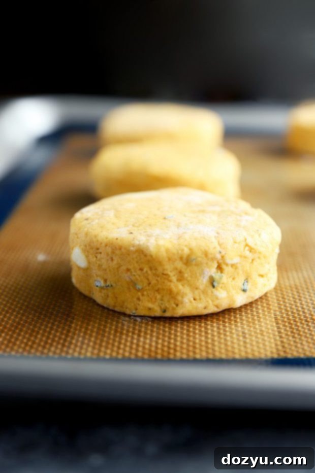Unbaked pumpkin sage biscuits, neatly cut into perfect circles, arranged on a baking sheet lined with parchment paper, awaiting the oven.