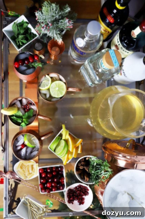 Seasonal Mule Bar Cart 12 Overhead photo of a festive Moscow mule cart setup