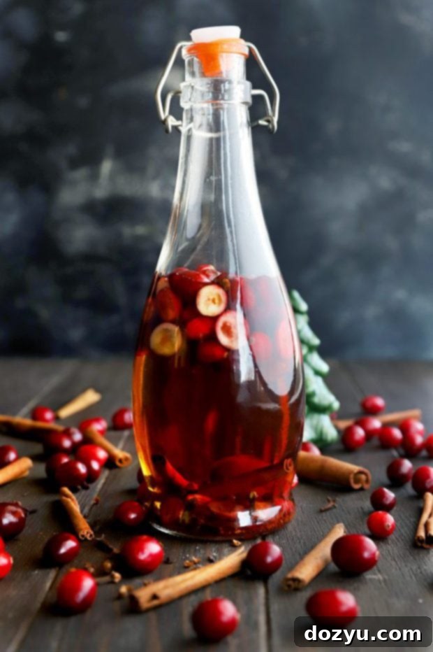 Image of infused whiskey in a bottle with cranberries and cinnamon, ready for cocktail making