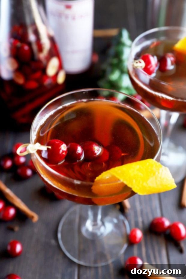 Cranberry spice Manhattan cocktail in a coupe glass photo, elegantly garnished for the holidays