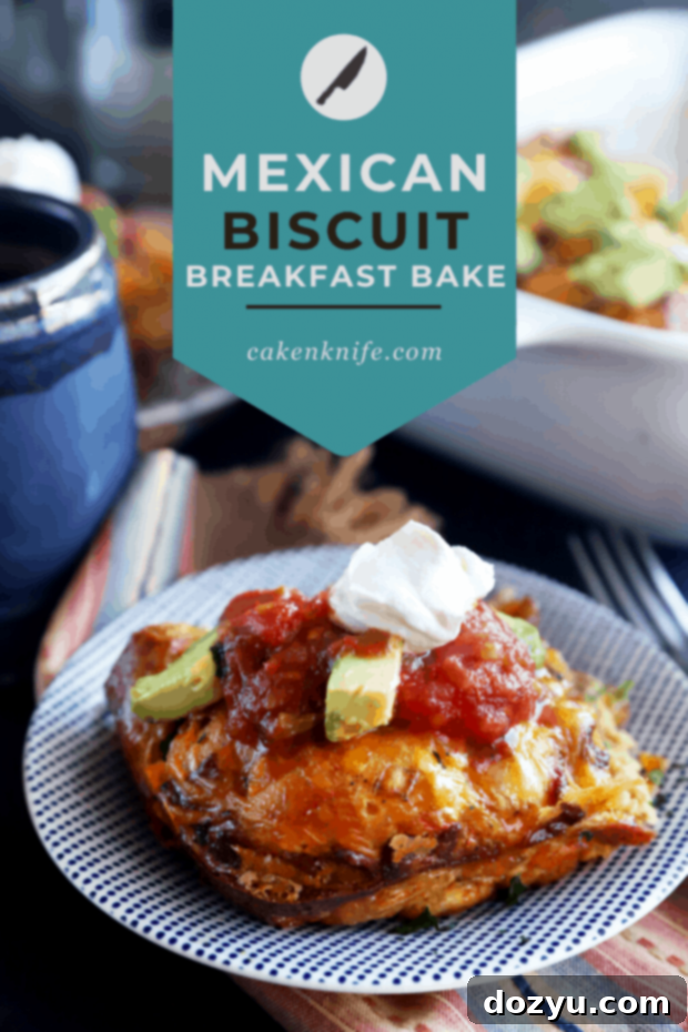 Pinterest image featuring the Mexican Bacon, Egg, and Cheese Biscuit Bake, perfect for saving to your breakfast or brunch boards.