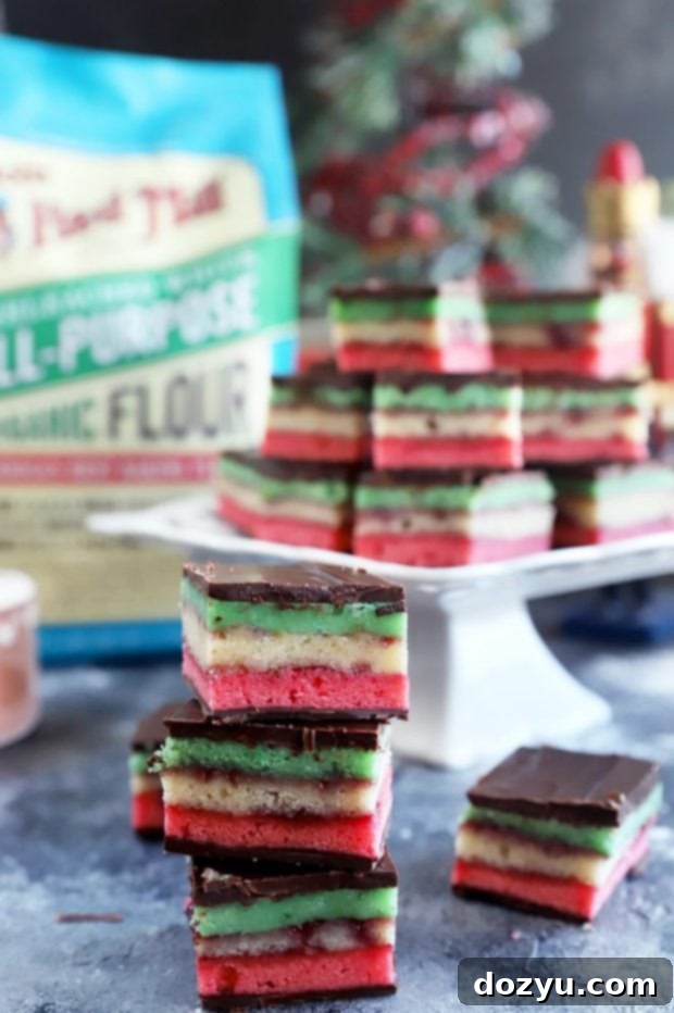 Rainbow Almond Delights 3 Close-up photo of the red, white, and green layers of Italian Rainbow Cookies