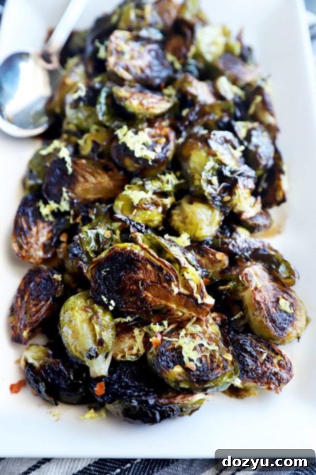 Zesty Balsamic Crispy Sprouts 4 Side photo of a pile of sprouts