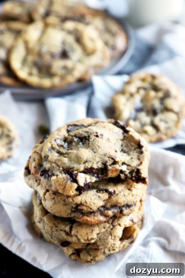 Irresistible Sea Salt Pistachio Dark Chocolate Cookies 2 Stack of warm, chewy Sea Salt Pistachio Dark Chocolate Cookies, perfect with milk