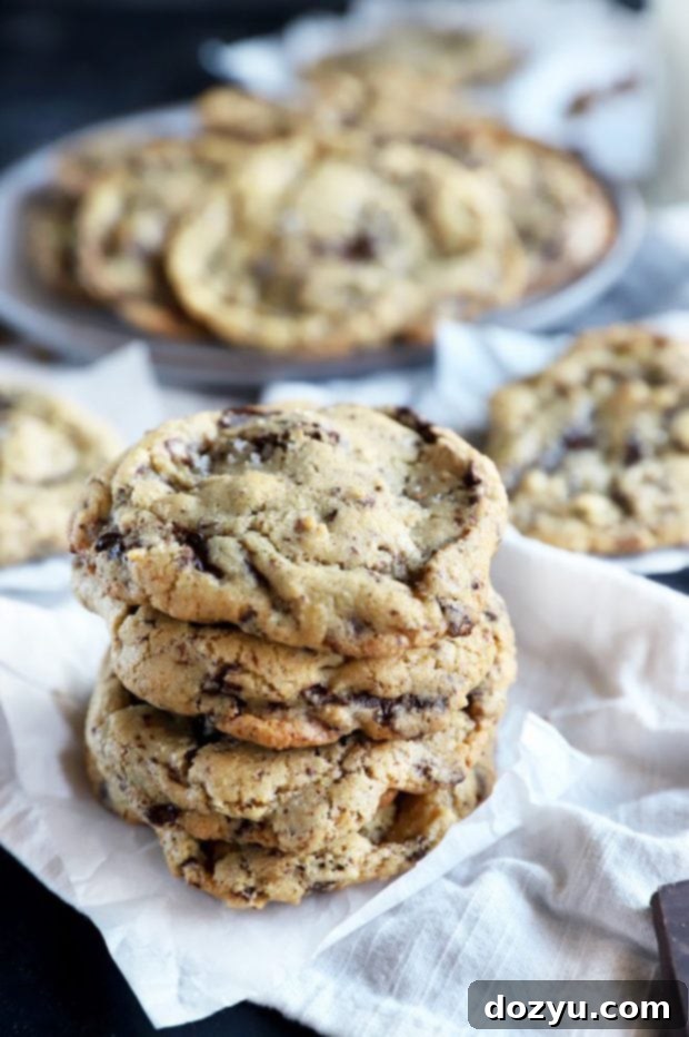Irresistible Sea Salt Pistachio Dark Chocolate Cookies 7 Side view of a pile of Sea Salt Pistachio Dark Chocolate Cookies