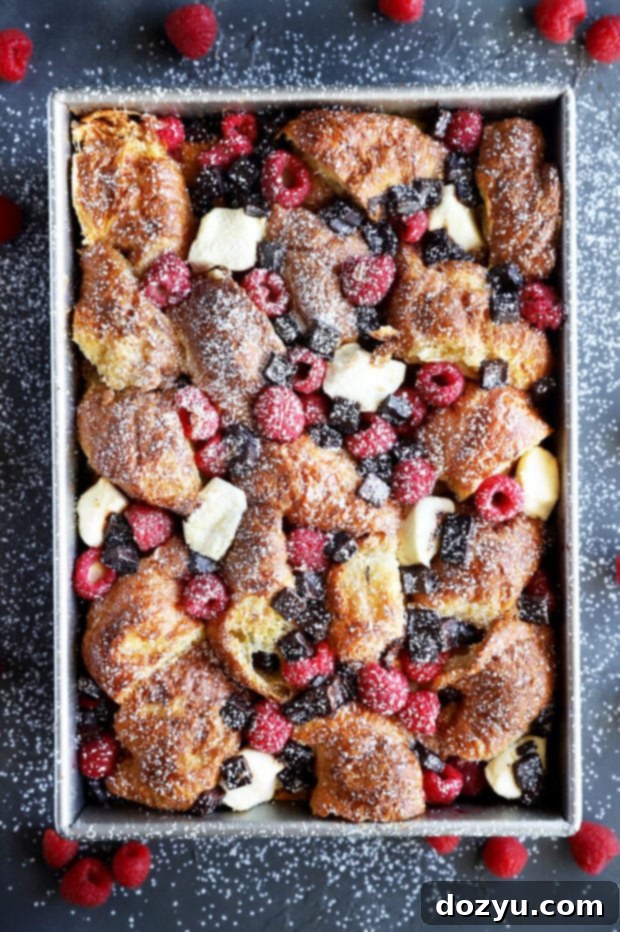 Decadent Raspberry Chocolate Croissant French Toast Casserole 2 Overhead picture of raspberry chocolate croissant French toast bake