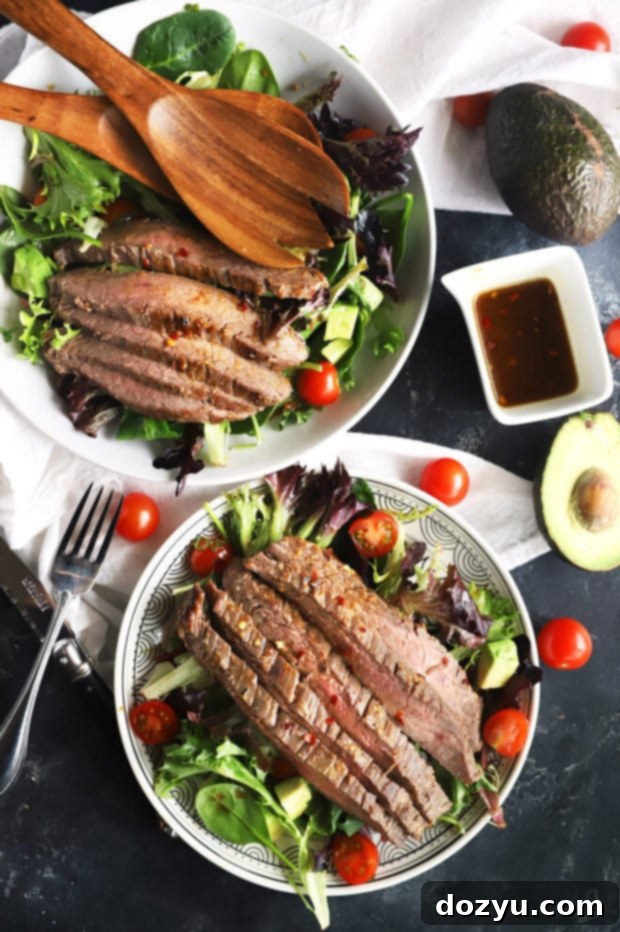 Umami Steak & Avocado Power Bowl 2 Overhead photo of miso steak salad with avocado, showcasing the colorful ingredients and a perfectly cooked steak